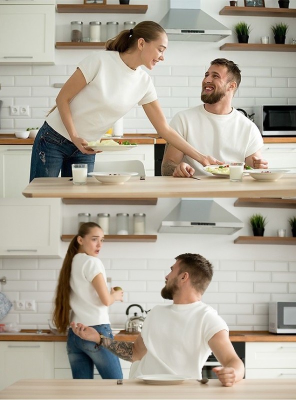 Create meme: a man in the kitchen, a man and a woman in the kitchen, A man and a woman are fighting in the kitchen