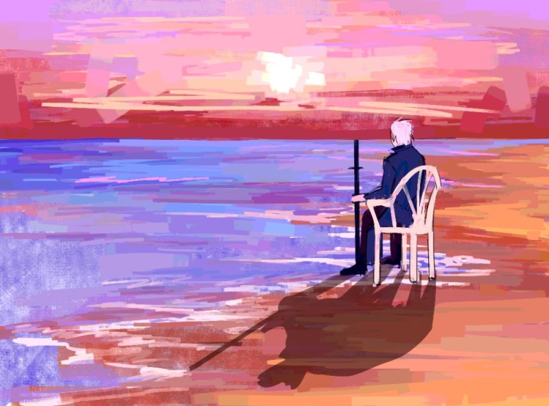 Create meme: figure , sunset , anime landscape