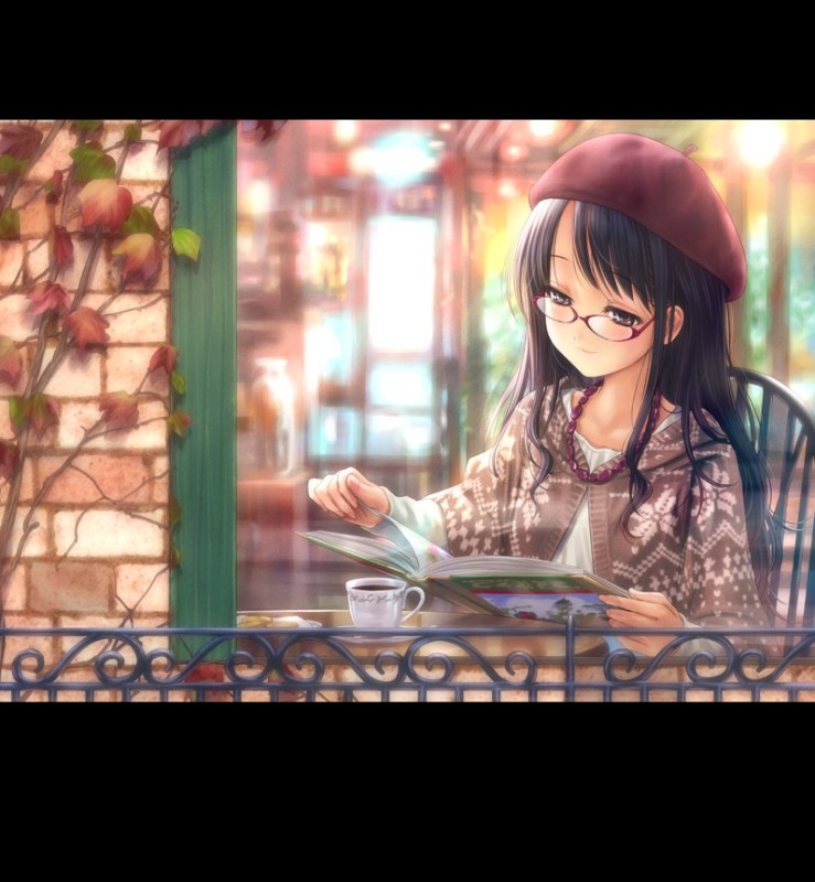 Create meme: anime girl in a cafe, anime girl with glasses, Meganekko Hemeya