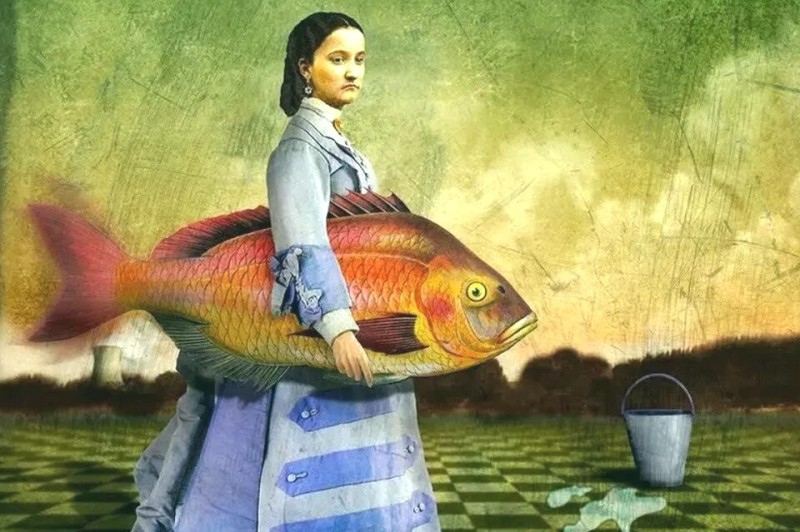 Create meme: the girl with the fish, fish painting, fish in painting primitivism