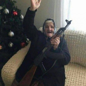 Create meme: granny with a kalash, male , grandmother with a machine gun