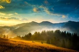 Create meme: mountain dawn, landscape, mountain forest mist panorama