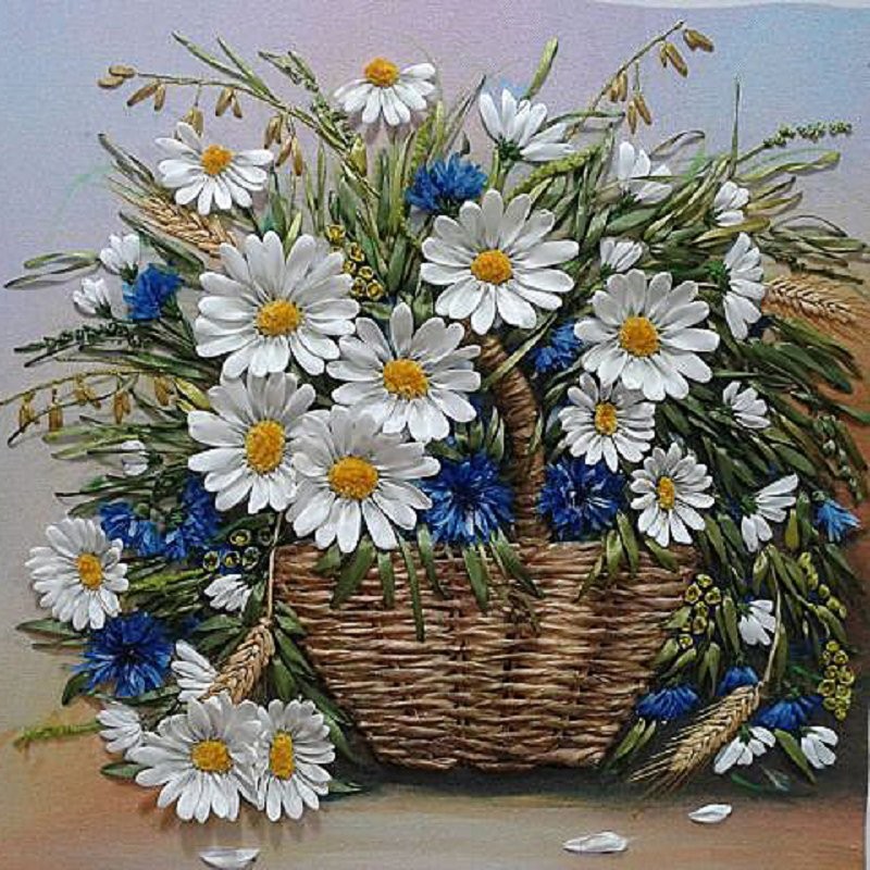 Create meme: embroidery with cornflower ribbons, daisies with cornflowers, embroidery of cornflowers