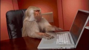 Create meme: monkey prints, monkey behind a computer, a monkey with a laptop