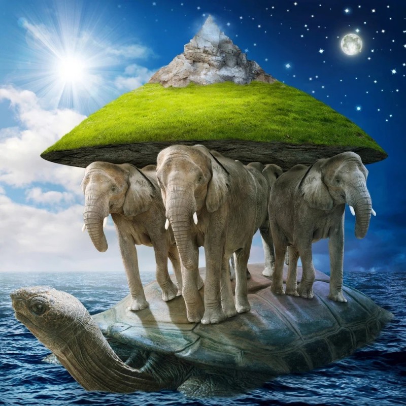 Create meme: three elephants and a turtle, the earth elephants, the land on three elephants