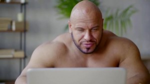 Create meme: Jock, bald, the Jock sitting at the laptop