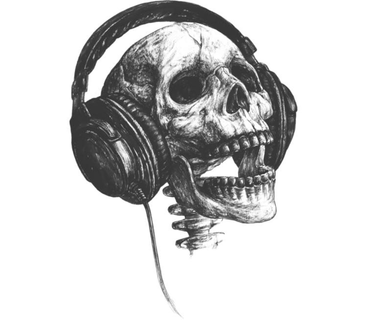 Create meme: skull with headphones, skull drawing, skeleton wearing headphones