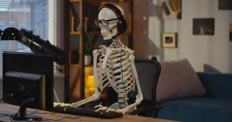 Create meme: the skeleton in the chair, the skeleton behind the computer, skeleton coast