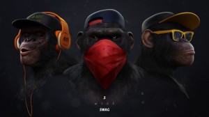 Создать мем: картина три обезьяны, картина обезьяна в наушниках, обезьяна в кепке