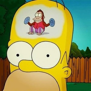 Create meme: Homer with the monkey in the head, the monkey from the simpsons with plates, the monkey in the head of Homer