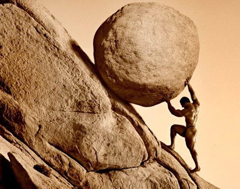 Create meme: sisyphus is a myth, Sisyphus, A man drags a stone uphill