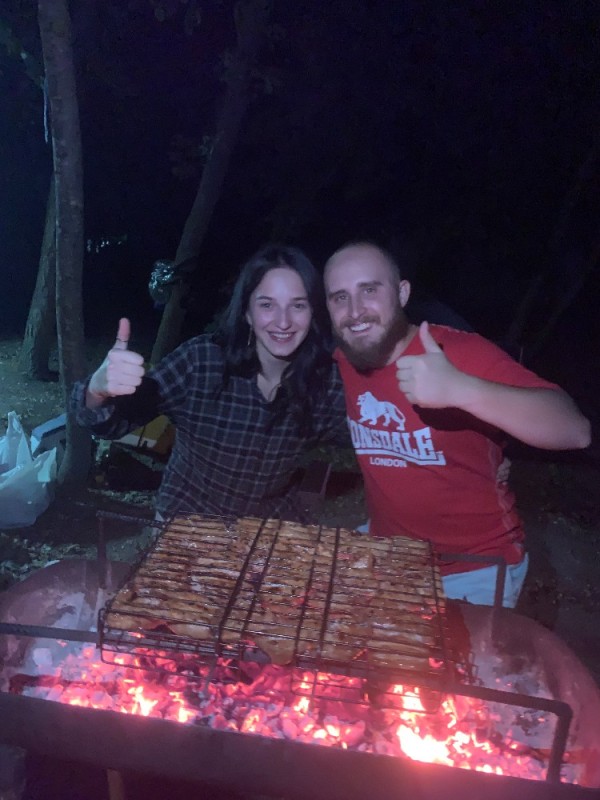 Create meme: kebab , girl , barbecue in the country