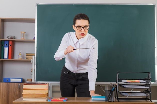 Create meme: evil teacher, female teacher, chalk Board