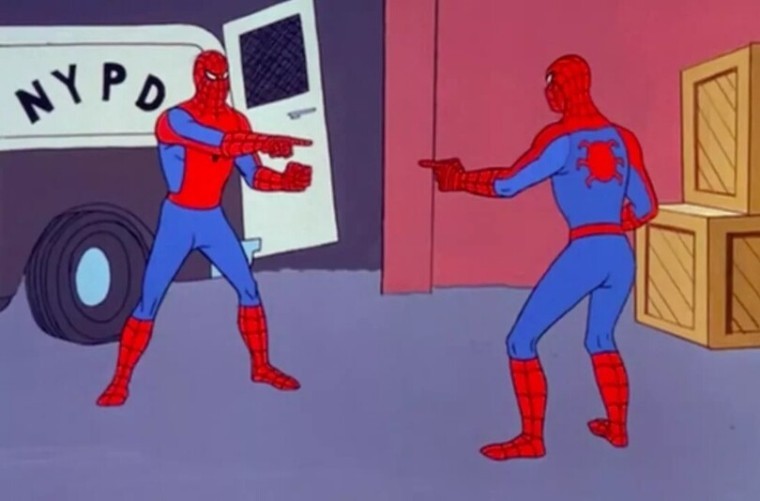 Создать мем: человек паук показывает на человека паука, мем 2 человека паука, человек паук мем 3