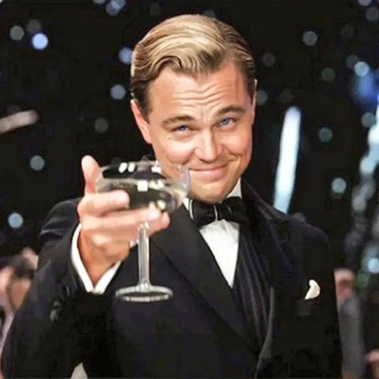 Create meme: the great Gatsby Leonardo DiCaprio with a glass of, DiCaprio Gatsby, Leonardo DiCaprio with a glass of meme