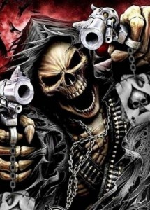 Create meme: skull, skeleton with a gun, the skeleton is cool