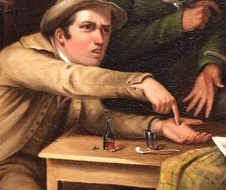 Create meme: a painting by an unknown artist, The picture of a man poking his finger into the palm of his hand, dilettante painting by perov