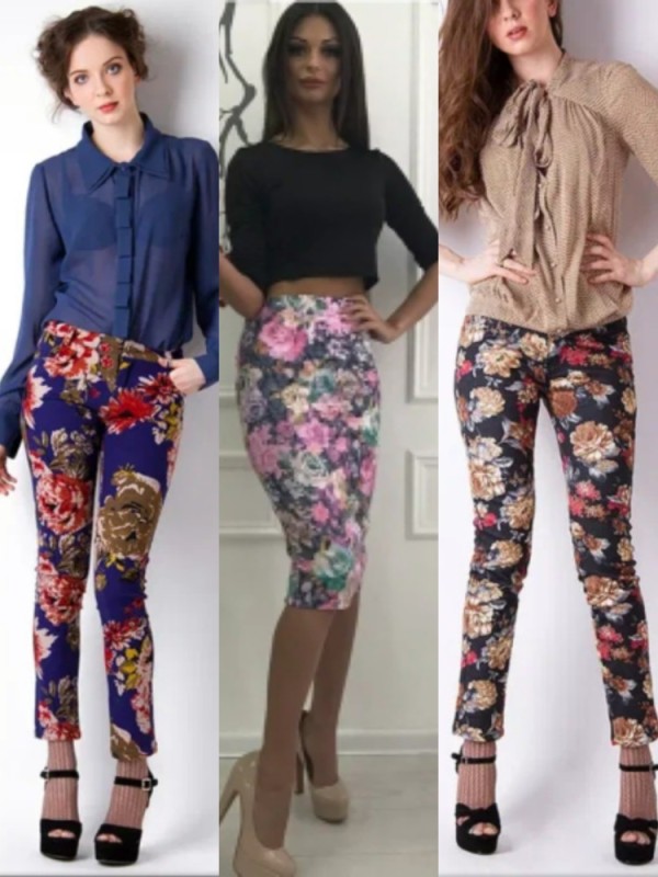 Create meme: summer colored trousers for women, colored pants, trousers with floral print