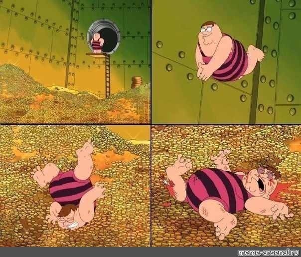 Create meme: Peter Griffin dives into gold, Peter Griffin is swimming in gold, peter griffin scrooge