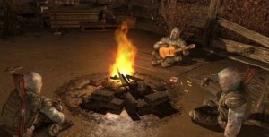 Create meme: Stalker bandits around the campfire, Stalker clear sky campfire, the stalkers around the campfire gif