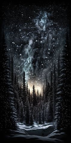 Создать мем: ночной пейзаж, зима звезды арт, зимний лес картина