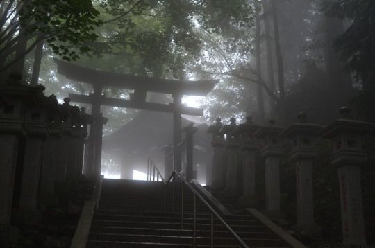 Create meme: Shinto temple in Japan in the forest art, Takamori Mystical Temple Japan, Temple in the fog Japan