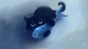 Create meme: cat with fish, anime cats, black cat