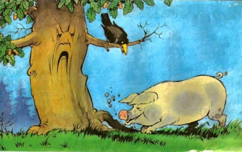 Create meme: pig under the oak tree, krylov 's fable the pig under the oak, Ivan Andreevich Krylov the pig under the oak tree