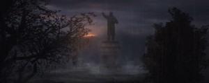 Create meme: graveyard, Ghost town in the fog, Motherland in the fog in Volgograd