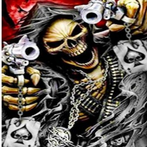 Create meme: skull with guns, skeleton with a gun, skull skeleton