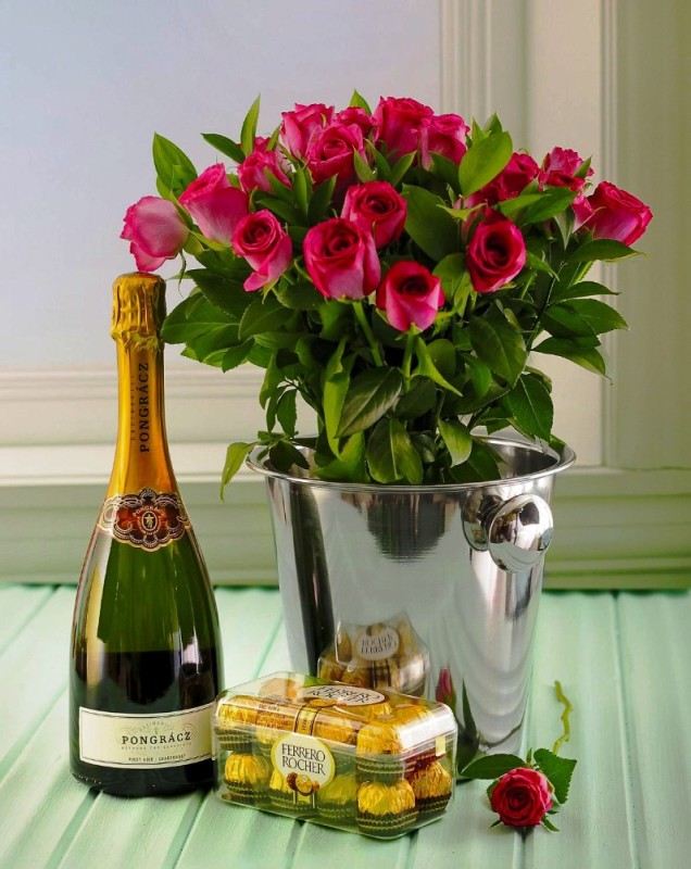 Create meme: flowers and champagne, flowers champagne chocolates, bouquet of flowers and champagne