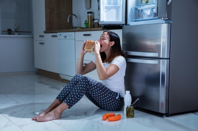 Create meme: the girl at the refrigerator, in the kitchen , At night by the refrigerator