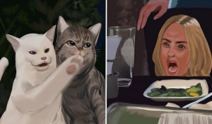 Create meme: memes with cats, meme cat, the meme with the cat at the table