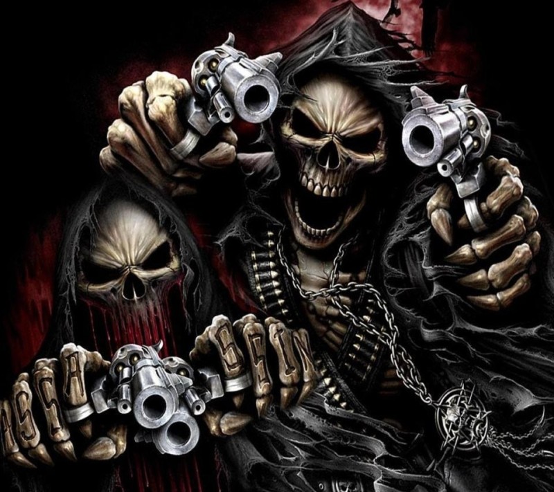 Create meme: angry skeleton , skeleton with a gun, cool skulls