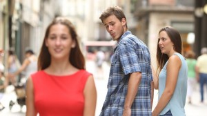 Create meme: a man looks, another woman, looking at the other