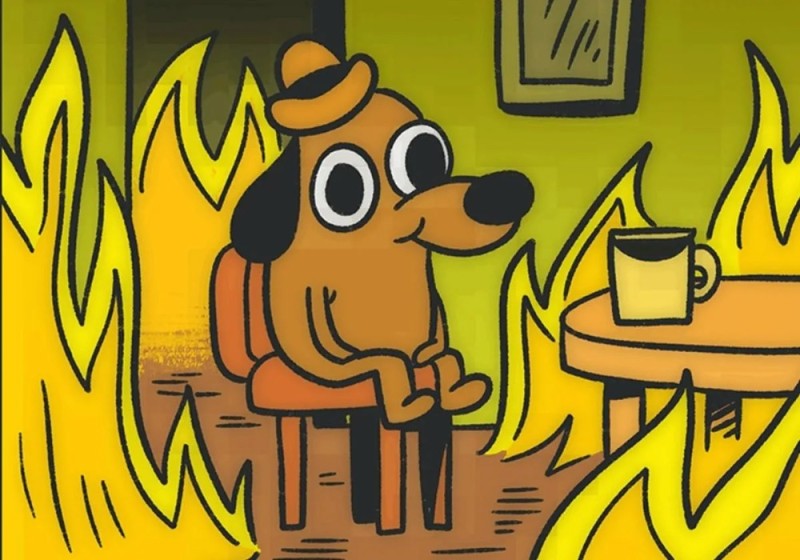 Create meme: a dog is sitting in a burning house, meme dog on fire, A dog in a burning house