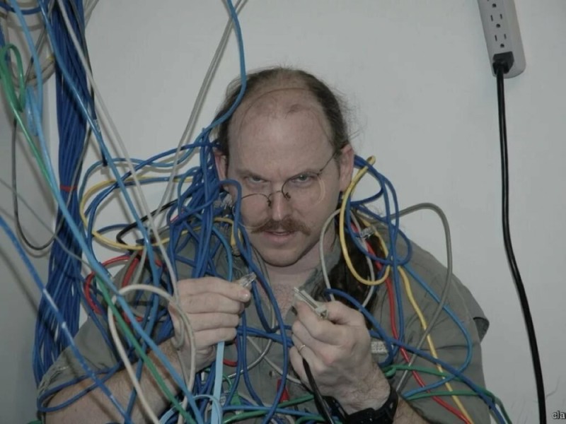 Create meme: a bunch of wires, tangled wires, sysadmin 