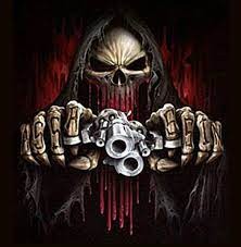 Create meme: angry skeleton, skull of death, skeleton with a gun