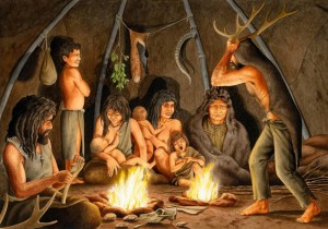 Create meme: ancient people, primitive people around a campfire, primitive people