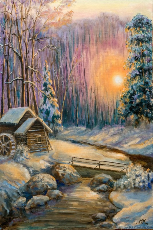 Create meme: painting winter morning, Winter evening painting, Painting winter