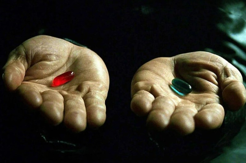 Create meme: red and blue pill matrix, Morpheus pills, meme red and blue pill