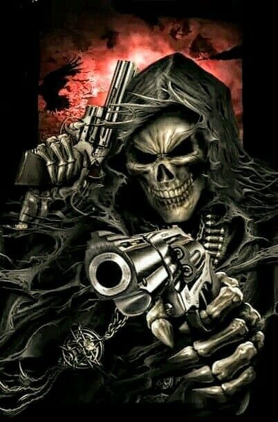 Создать мем: череп с пистолетами, череп с оружием, скелет с револьвером