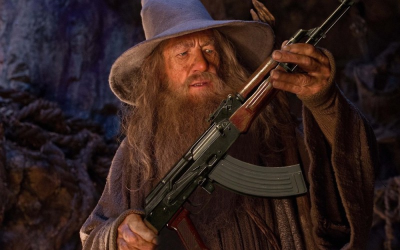 Create meme: Gandalf , Gandalf with a gun, the Lord of the rings Gandalf