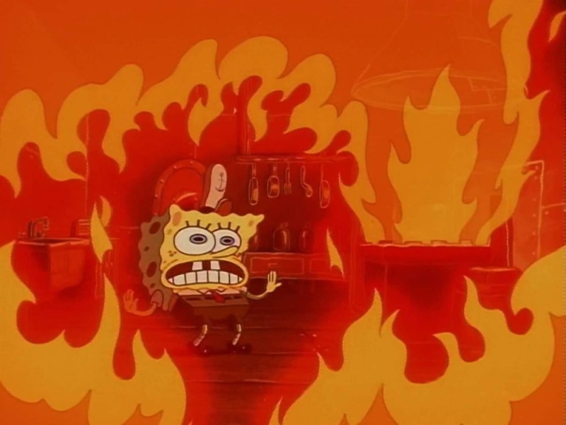 Create meme: meme spongebob , spongebob fire in the head, Spongebob's office is on fire