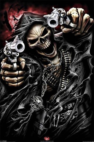 Create meme: skull with guns, cool skeleton with a gun, skeleton with a gun