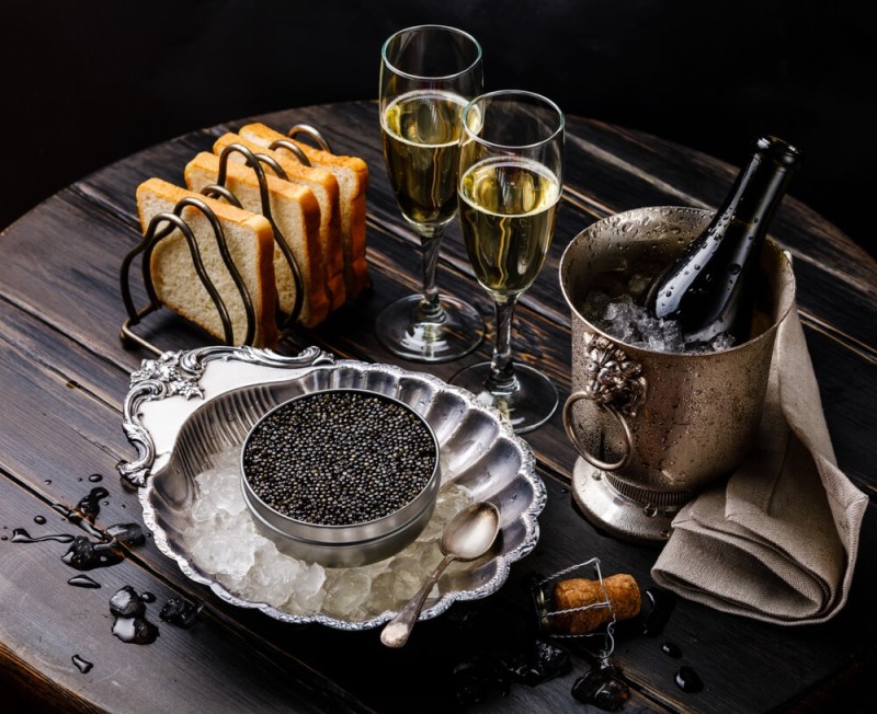 Create meme: black caviar, caviar and oysters on a silver tray and champagne, caviar and champagne