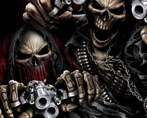 Create meme: skeleton with a gun, skull with guns