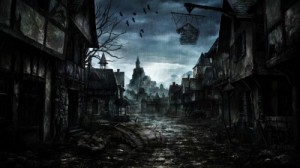 Create meme: dark fantasy, horror, the ruins of the night scary background