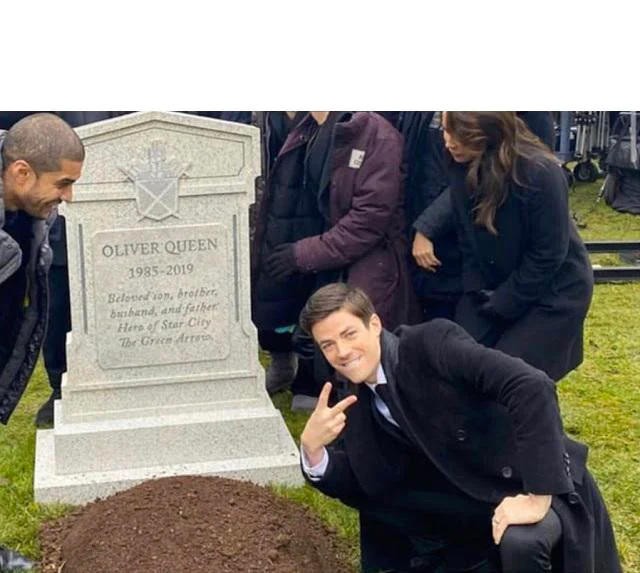 Create meme: Grant Gustin at the grave, Oliver Quinn's grave, The man at the grave