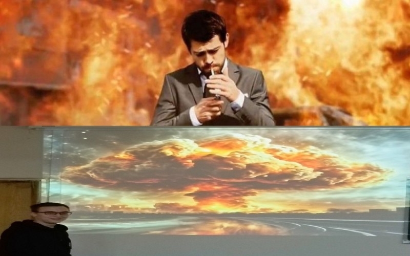 Create meme: a man in the background of an explosion, the cool ones don't turn around to the explosions, tough guys on the background of the explosion